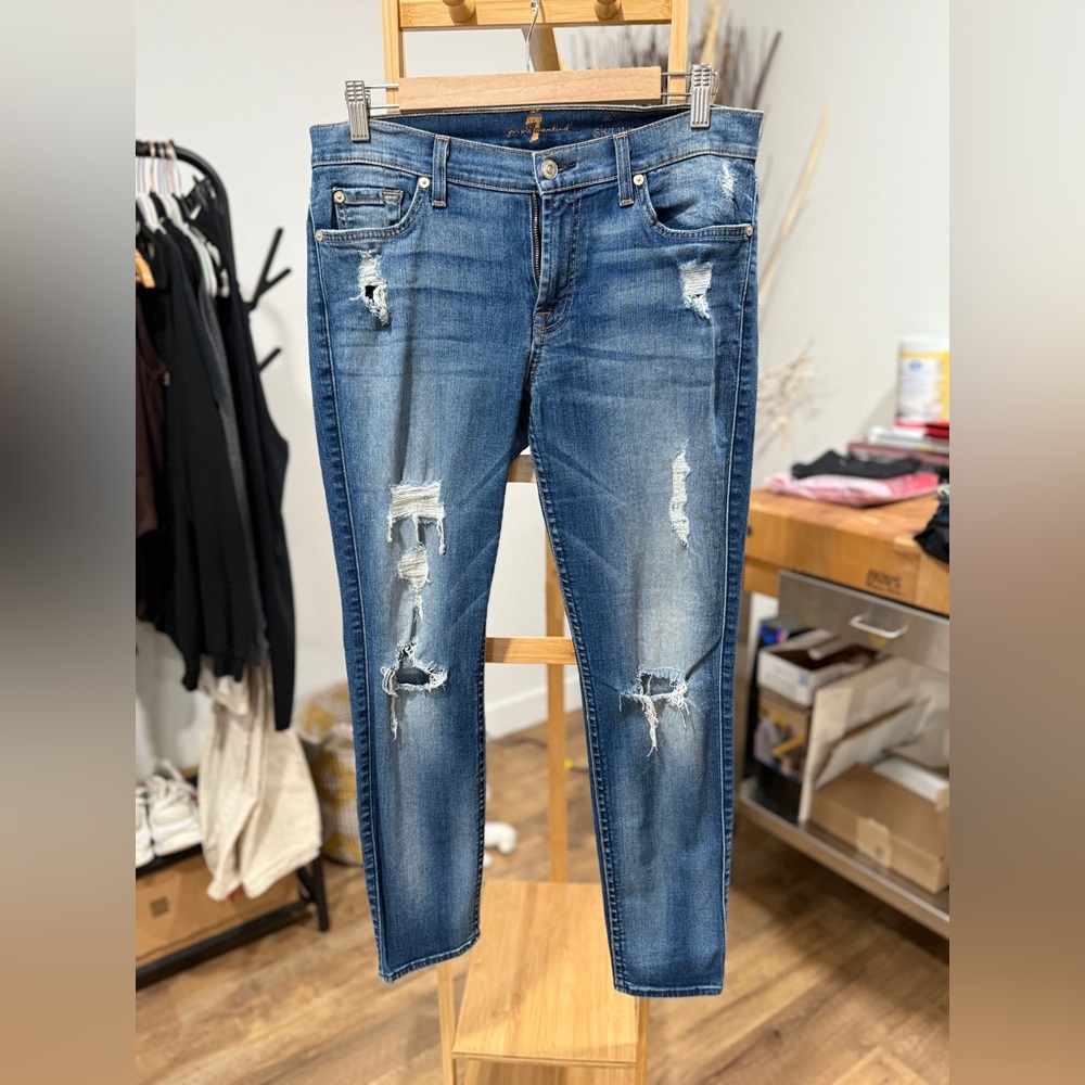 7 For All Mankind Distressed Ankle Jeans in Blue